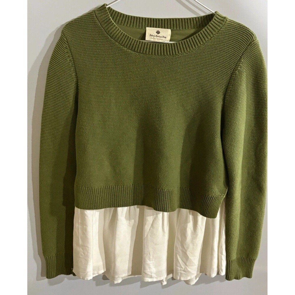Betsey's Boutique Shop Womens S Green White Knit Crew Neck Pullover Sweater